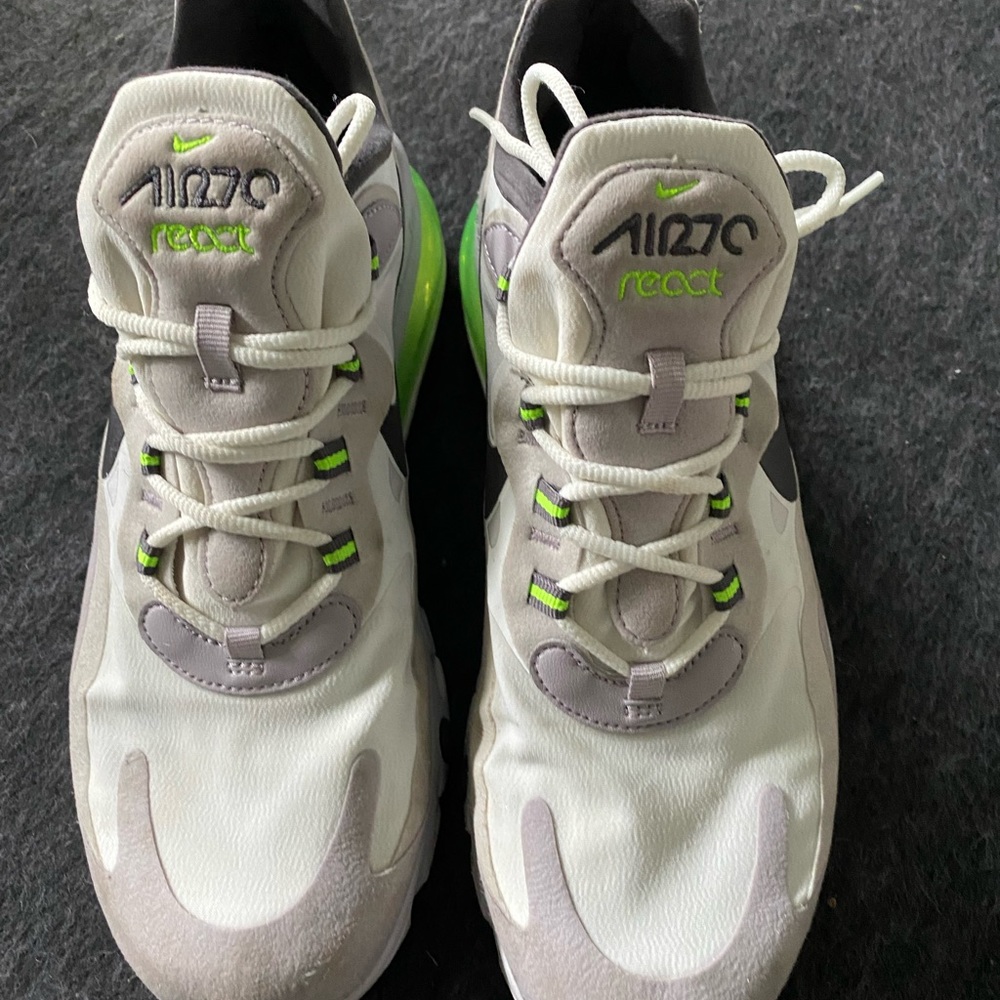 Nike air 70 react. Very pale grey with green accents.